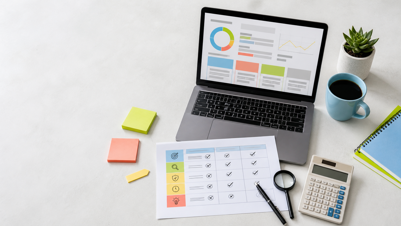 A laptop, calculator, checklist, and magnifying glass on a bright desk